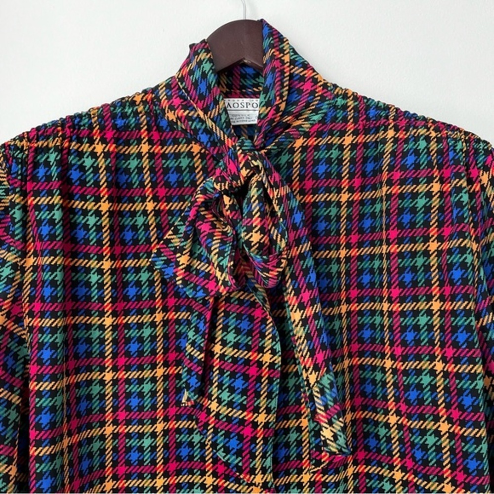 VTG CIAO SPORT Women’s 14 Multicolor Houndstooth Silk Tie Neck Blouse RETRO CHIC